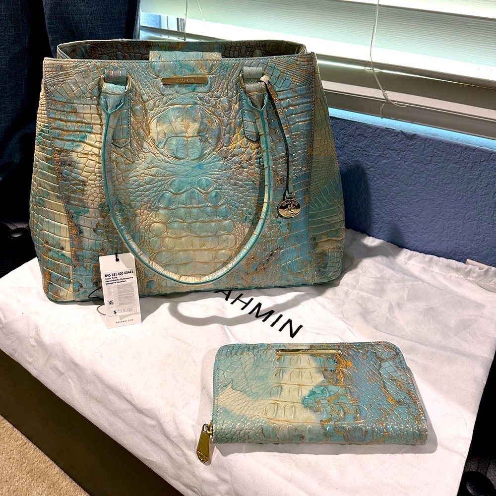 BRAHMIN Melbourne JOAN Leather Tote Bag and wallet SERENDIPITY Turquoise Blue